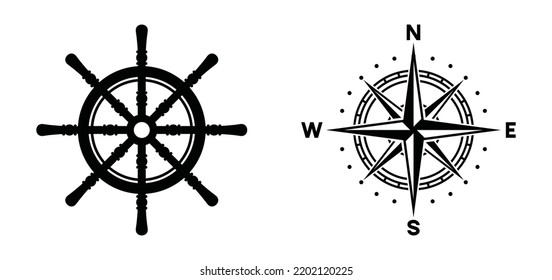 Vector de icono del símbolo de la brújula y del volante de la dirección. Rueda de barco o barco con dirección de viento en el mar con logotipo de silueta de ilustración de brújula vectorial