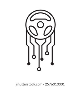 Steering wheel connected to circuit wiring. Suitable for automotive technology, innovation, futuristic designs