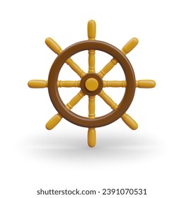 Steering wheel to control ship. Sea and ocean symbol in yellow and brown colors. Nautical rudder on white background with shadow. Vector illustration in 3d style