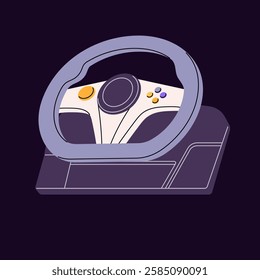 Steering wheel. Controller for car racing videogames. Computer or console accessory to play video games. Device for cybersport. Simulator for drivers learning. Flat isolated vector illustration