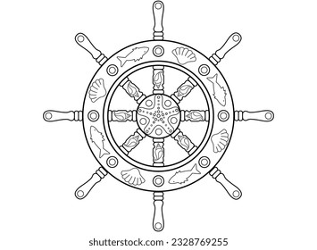Steering wheel decorated with shells, fish and starfish - a vector linear picture for coloring. Outline. Steering wheel for coloring book