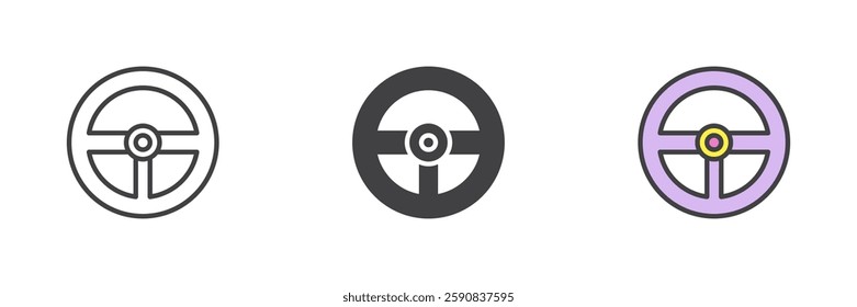 Steering wheel different style icon set. Line, glyph and filled outline colorful version, outline and filled vector sign. Symbol, logo illustration. Vector graphics