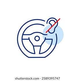 Steering wheel and ear crossed out symbol. Hearing impaired driver, smart voice commands off, no audio distraction while driving. Pixel perfect, editable stroke vector icon