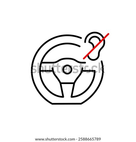 Steering wheel and ear crossed out symbol. Hearing impaired driver, smart voice commands off, no audio distraction while driving. Pixel perfect, editable stroke vector icon