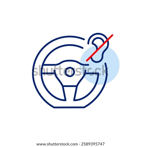 Steering wheel and ear crossed out symbol. Hearing impaired driver, smart voice commands off, no audio distraction while driving. Pixel perfect, editable stroke vector icon