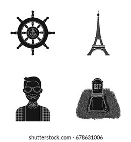 Steering wheel, Eiffel tower and other web icon in black style. man, grave icons in set collection.