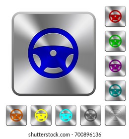Steering wheel engraved icons on rounded square glossy steel buttons