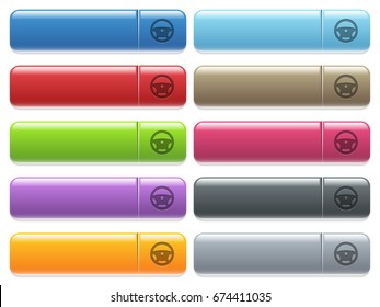 Steering wheel engraved style icons on long, rectangular, glossy color menu buttons. Available copyspaces for menu captions.