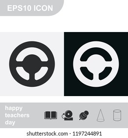 Steering wheel flat black and white vector icon.