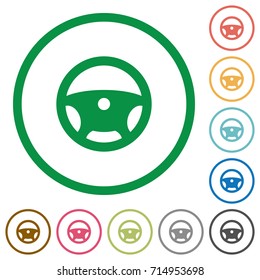 Steering wheel flat color icons in round outlines on white background