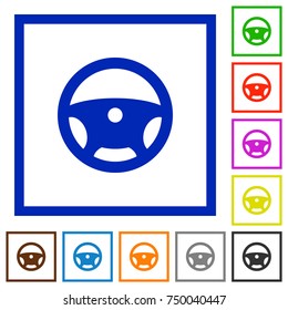 Steering wheel flat color icons in square frames on white background