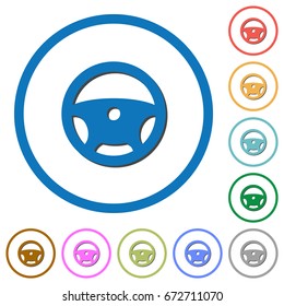 Steering wheel flat color vector icons with shadows in round outlines on white background