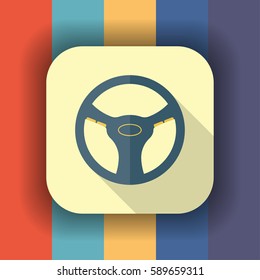 steering wheel flat icon with long shadow, vector illustration