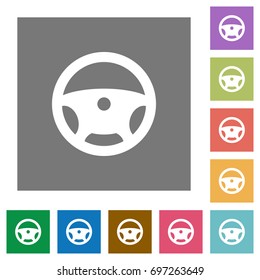 Steering wheel flat icons on simple color square backgrounds