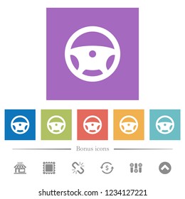Steering wheel flat white icons in square backgrounds. 6 bonus icons included.