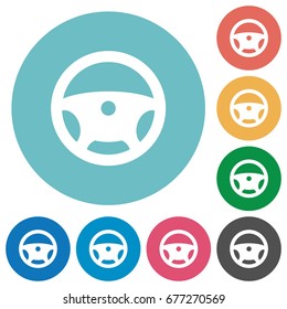 Steering wheel flat white icons on round color backgrounds