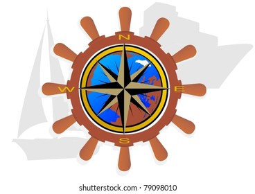 Steering wheel with Globe and indicating the cardinal points on the background of sailing yachts and cruise liners.