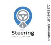 Steering wheel and gps locator symbol. Drive Point Logo. Location Pin Combined with Steering wheel icon