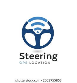 Steering wheel and gps locator symbol. Drive Point Logo. Location Pin Combined with Steering wheel icon