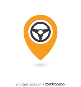 Steering wheel and gps locator symbol. Drive Point Logo. Location Pin Combined with Steering wheel icon