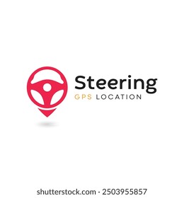 Steering wheel and gps locator symbol. Drive Point Logo. Location Pin Combined with Steering wheel icon