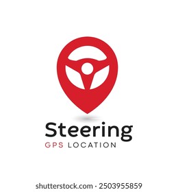 Steering wheel and gps locator symbol. Drive Point Logo. Location Pin Combined with Steering wheel icon