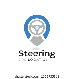 Steering wheel and gps locator symbol. Drive Point Logo. Location Pin Combined with Steering wheel icon