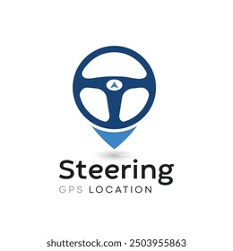 Steering wheel and gps locator symbol. Drive Point Logo. Location Pin Combined with Steering wheel icon