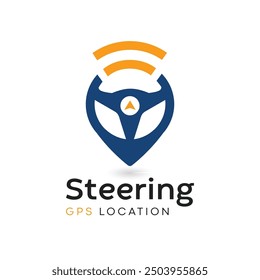 Steering wheel and gps locator symbol. Drive Point Logo. Location Pin Combined with Steering wheel icon