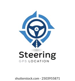 Símbolo del volante y del localizador de GPS. Logotipo de Drive Point. Pin de la Locación combinado con el icono del volante