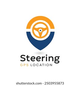 Steering wheel and gps locator symbol. Drive Point Logo. Location Pin Combined with Steering wheel icon