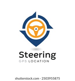 Steering wheel and gps locator symbol. Drive Point Logo. Location Pin Combined with Steering wheel icon