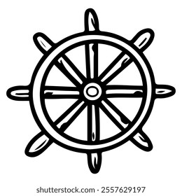 Steering wheel hand drawn doodle. Ship, boat steering wheel. Symbol of water transport. Control device. Ocean swimming. Sea voyage. Adventure. Vector line art illustration.