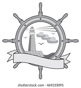 Steering wheel (helm), lighthouse and ribbon. Nautical badges and emblems. Vector image.