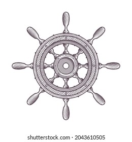 Steering wheel. Helm. Rudder of the ship. Engraving. Vector.