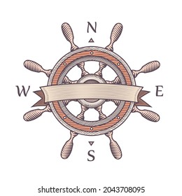 Steering wheel. Helm. Rudder of the ship. Engraving. Vector.