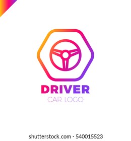 Steering wheel in hexagon icon logotype. Driver abstract symbol logo