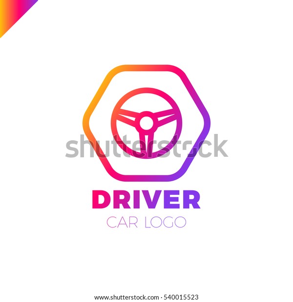 Steering wheel in hexagon icon logotype. Driver\
abstract symbol logo