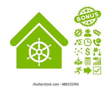 Steering Wheel House icon with bonus pictogram. Vector illustration style is flat iconic symbols, eco green color, white background.