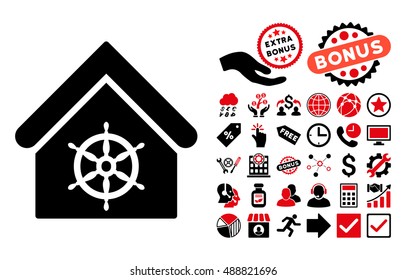 Steering Wheel House pictograph with bonus images. Vector illustration style is flat iconic bicolor symbols, intensive red and black colors, white background.