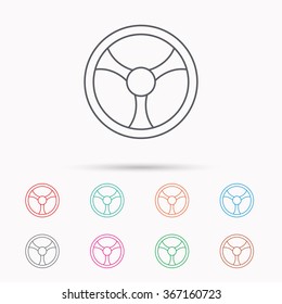 Steering wheel icon. Car drive control sign. Linear icons on white background.