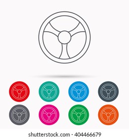Steering wheel icon. Car drive control sign. Linear icons in circles on white background.