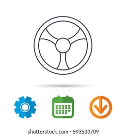 Steering wheel icon. Car drive control sign. Calendar, cogwheel and download arrow signs. Colored flat web icons. Vector