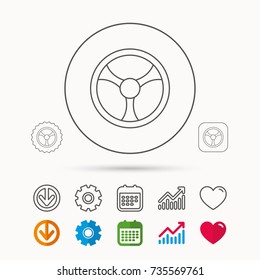 Steering wheel icon. Car drive control sign. Calendar, Graph chart and Cogwheel signs. Download and Heart love linear web icons. Vector