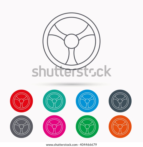 Steering wheel icon. Car drive control\
sign. Linear icons in circles on white\
background.