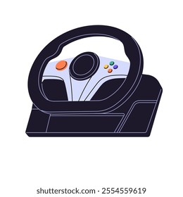 Steering wheel icon. Controller for driving car, racing simulator. Accessory to play video games. Gear for computer videogame. Cybersport device. Flat isolated vector illustration on white background