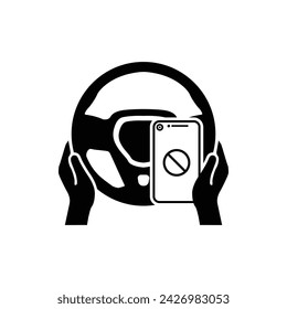 Steering wheel icon. Driver. Driving car. No texting while driving. Using a mobile phone while driving. Vector icon isolated on white background.