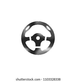 Steering wheel icon in halftone style. Black and white monochrome vector illustration.