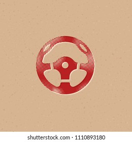 Steering wheel icon in halftone style. Grunge background vector illustration.
