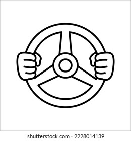 Steering wheel icon. Hands on steering wheel. Driving car. Test drive. Vector illustration isolated on white background.